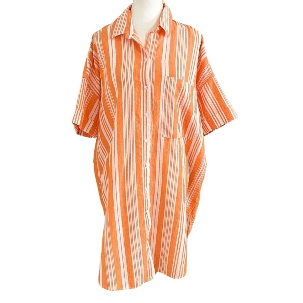 LEMLEM BY LIYA KEBEDE X H&M WHITE ORANGE STRIPED HIGH LOW SHIRT DRESS - XS/S